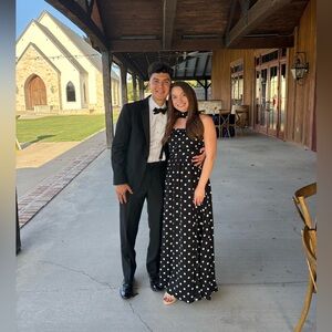 Fancy D Boutique Black and White Polka Dot Maxi Dress with neck scarf